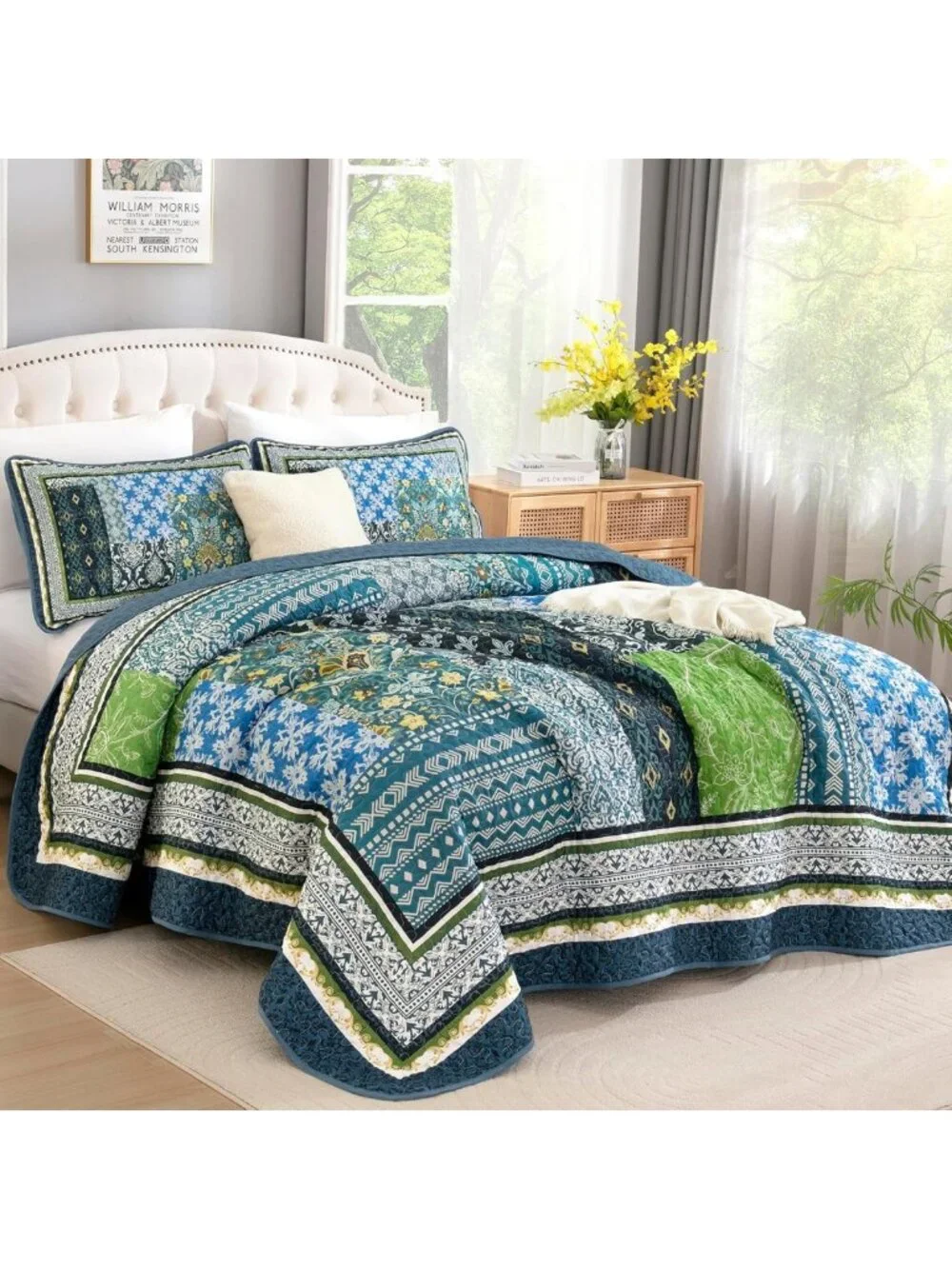 Boho Teal Patchwork Quilt Set, Reversible Lightweight Coverlet & 2 Pillow Shams